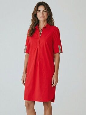 Joh Red Shirt Dress Collared Button Front Stripe Cuff Short Sleeve Size L NWT